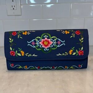 Vintage Bohemian Multicolored Embroidered Floral Navy Satin Clutch